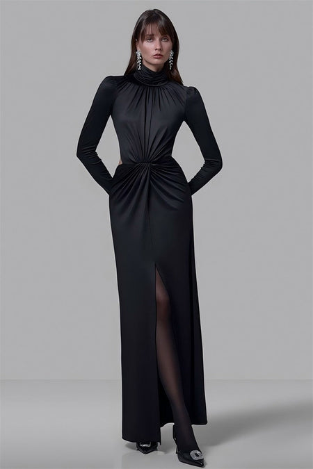 Mozision Turtleneck Backless Sexy Maxi Dress Women Gown Autumn Winter Elegant Long Sleeve Thigh High Split Club Party Long Dress
