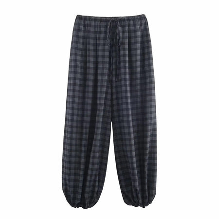 Women's 2025 Autumn Fashion Versatile Ramie Bloomers Plaid Printed Loose Pants Female High-Waist Drawstring Casual Trousers