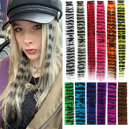 Colorful Feather Hair Extensions 8Pcs 18" Animal Stripe Print Hair Clip-on Rainbow Synthetic Hair for Cosplay, Party, Festivals