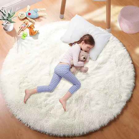 VIKAMA Ultra Soft Shaggy Round Rug Pad Fluffy White Carpet Living Room Home Decor Bedroom Kids Room Salon Thick Pile Carpet