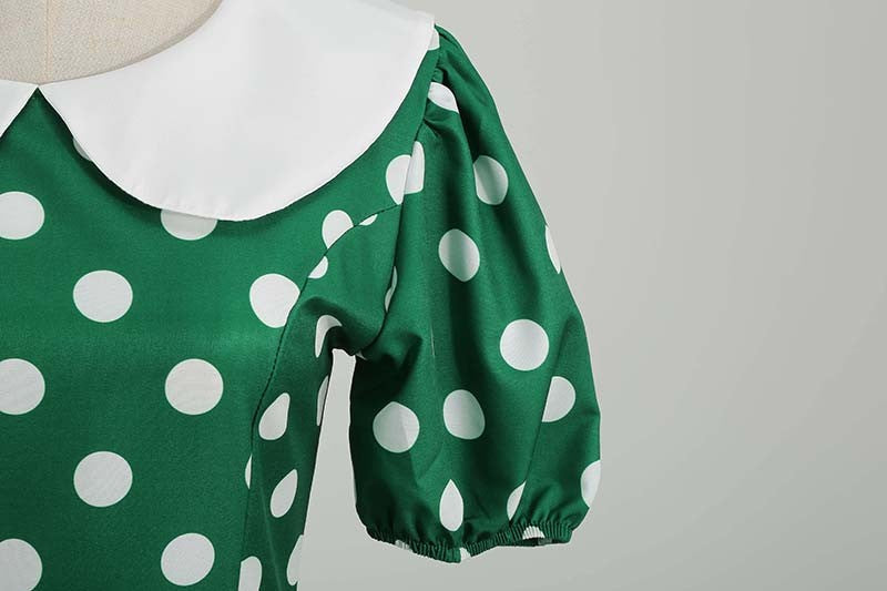 Elegant Women Summer Dress Puff Short Sleeve Polka Dot Peter pan Collar Vintage A-line Midi Long Party Sundress