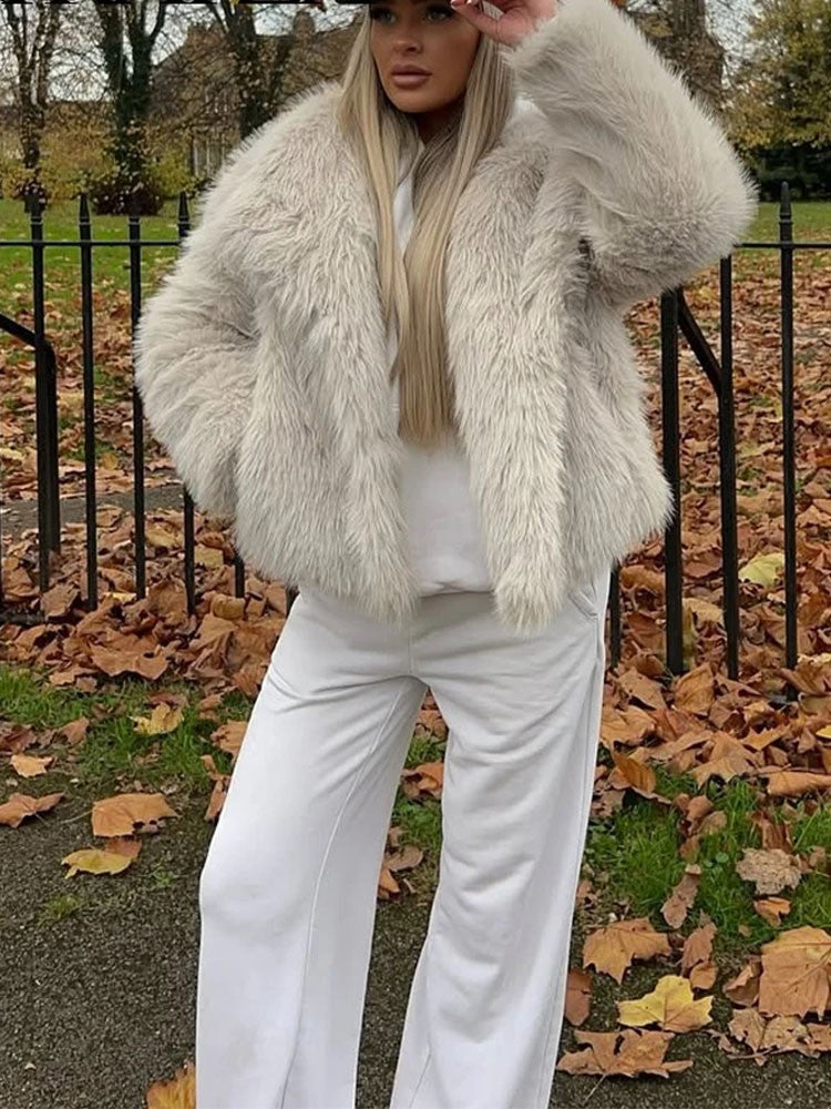 HH 2025 Vintage Women Cropped Faux Fur Jacket Long Sleeve Turn-Down Collar Female Plush Wool Coats Chic Lady Fur Outerwear