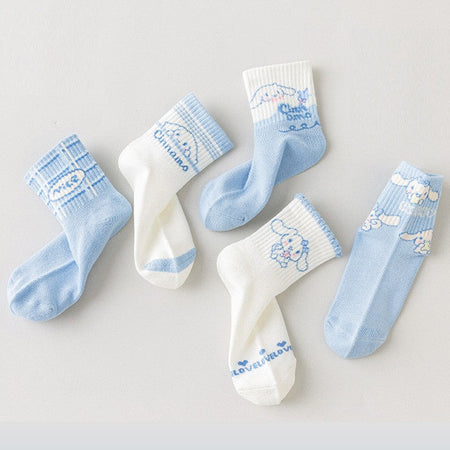 5Pairs Sanrio Cinnamoroll Kuromi Kawaii Spring and Autumn Cartoon Middle Tube Socks For Girls Boy Children Mid-calf Cotton Socks
