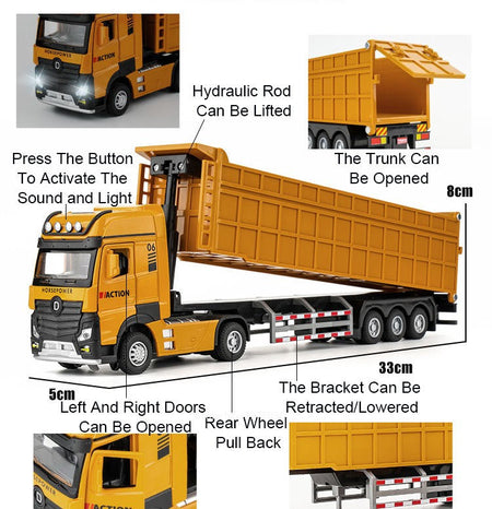 1:50 Miniature Trailer Dump Truck Cars Toys Model 3 Doors Opened Extended Engineering Vehicle Light Sound Car Boys Festival Gift