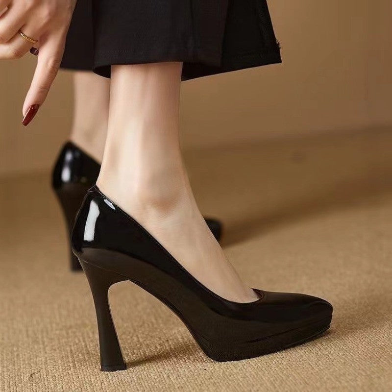 Spring and Autumn New Style Waterproof Platform Slip-on Shoes, Fashionable Banquet Work Shoes, Pointed Toe Thin Heels