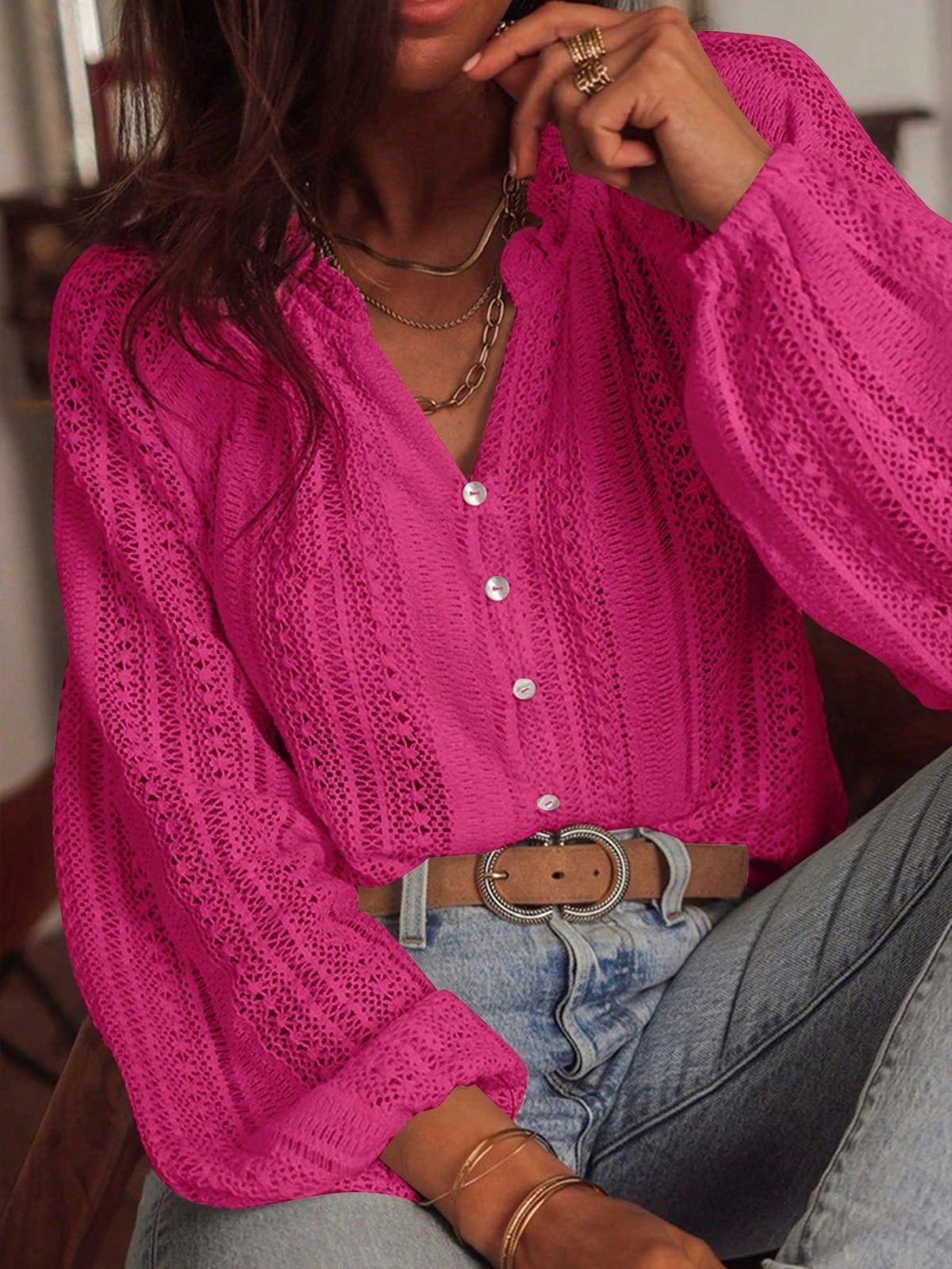 2025 Spring and Autumn Long Sleeve Women's Shirt Loose Fashion All-Match Hollow Lace V-neck Single Breaked Blouses