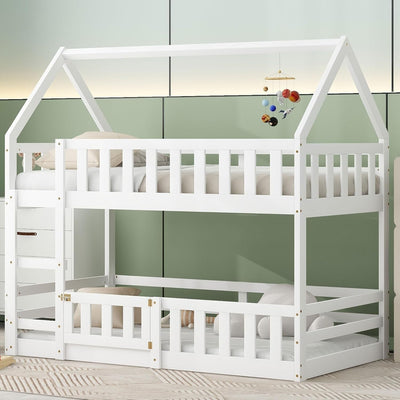 Twin Over Twin House Bunk Bed Frame for Boys Girls Kids Adults Toddler with Fence and Door, White