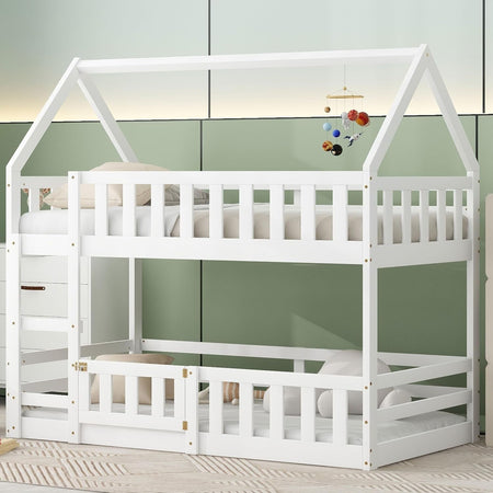Twin Over Twin House Bunk Bed Frame for Boys Girls Kids Adults Toddler with Fence and Door, White