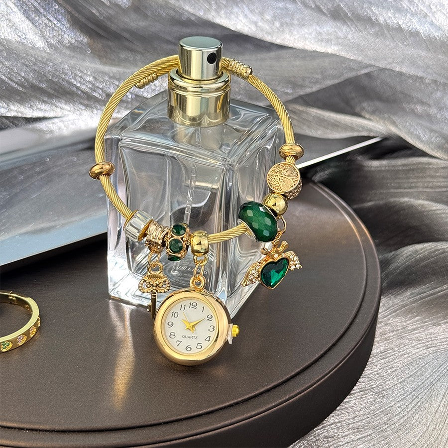 Cross-border Gold Bracelet Watch Adjustable opening Alloy bracelet Quartz Watch Beaded Small flower bracelet Watch