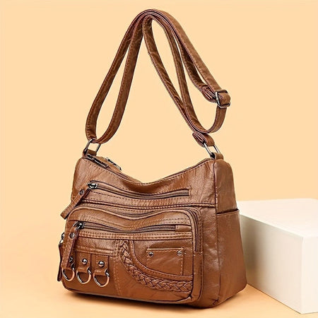 Vintage PU Crossbody Bag, Retro Multi Layer Shoulder Bag, Women's Fashion Handbag & Purse, Female Work Travel Messenger Bag