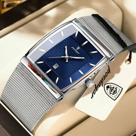 POEDAGAR Top Luxury Men Watch Stainless Steel Mesh Date Waterproof Luminous Man Wristwatch Casual Rectangle Quartz Men's Watches