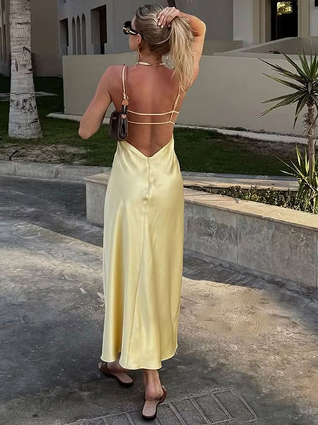 HH Women Summer Yellow Stain V Neck Sling Dress Elegant Sleeveless Loose Maxi Robes 2025 New Ladies Party Holiday Dresses