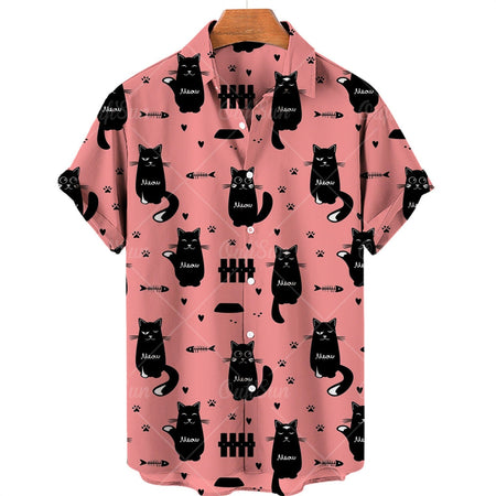 2024 Cat Pattern Hot Sale 3D Printed Hawaiian Shirt Men's Vacation Beach Short Sleeve Fashion Large Size Affordable Good Top