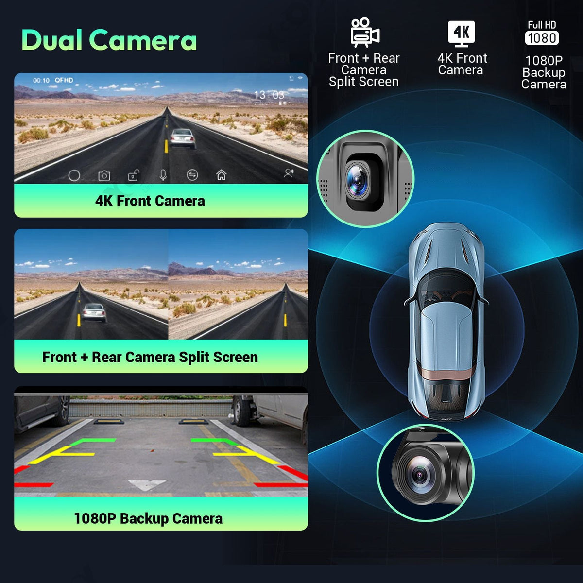 4K 10.26" Touch Screen Car DVR Dashcam Wireless Apple CarPlay Android Auto Dual Lens Video Recorder Dual Dash Cam DVR