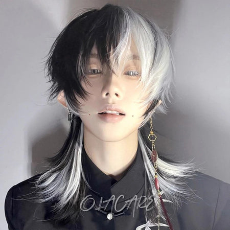 OLACARE Short Mullet Head Wigs with Bangs Synthetic Straight Anime Men Black White Gray Green Hair Wig for Daily Party Cosplay