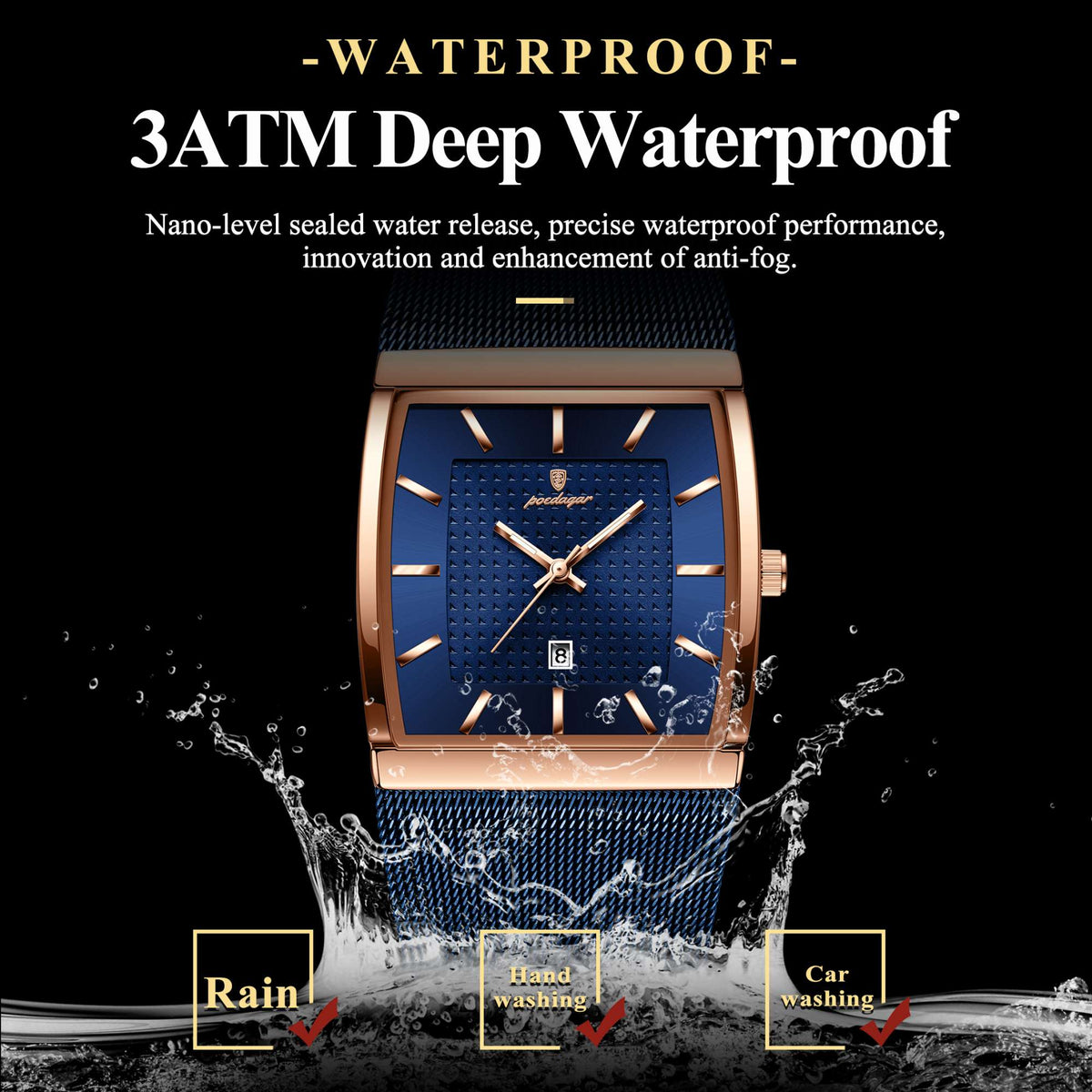POEDAGAR Top Luxury Men Watch Stainless Steel Mesh Date Waterproof Luminous Man Wristwatch Casual Rectangle Quartz Men's Watches