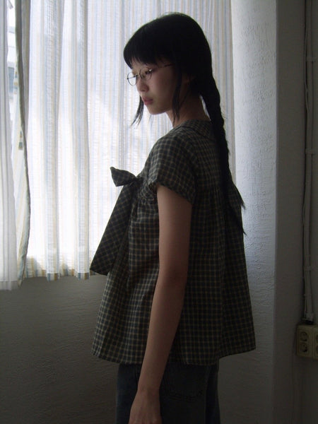 Vintage Plaid Shirts Women Japanese Harajuku Bow Peter Pan Collar Blouses Summer Korean Aesthetic Short Sleeve Casual Tops New