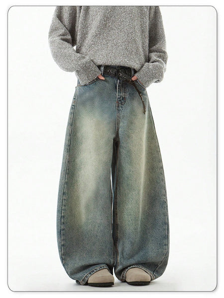 Men's Wear Blue Wide-Leg Denim Pants Baggy Jeans Vintage Three-Dimensional Cut Curved Knife Jeans Loose Fit Summer New Trend