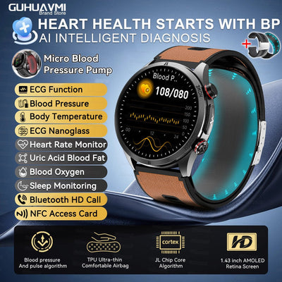 2026New Blood Pressure Air Pump Airbag Accurate Measure Smart Watch Men Micro Physical Examination Health ECG Smartwatch NFC BOX