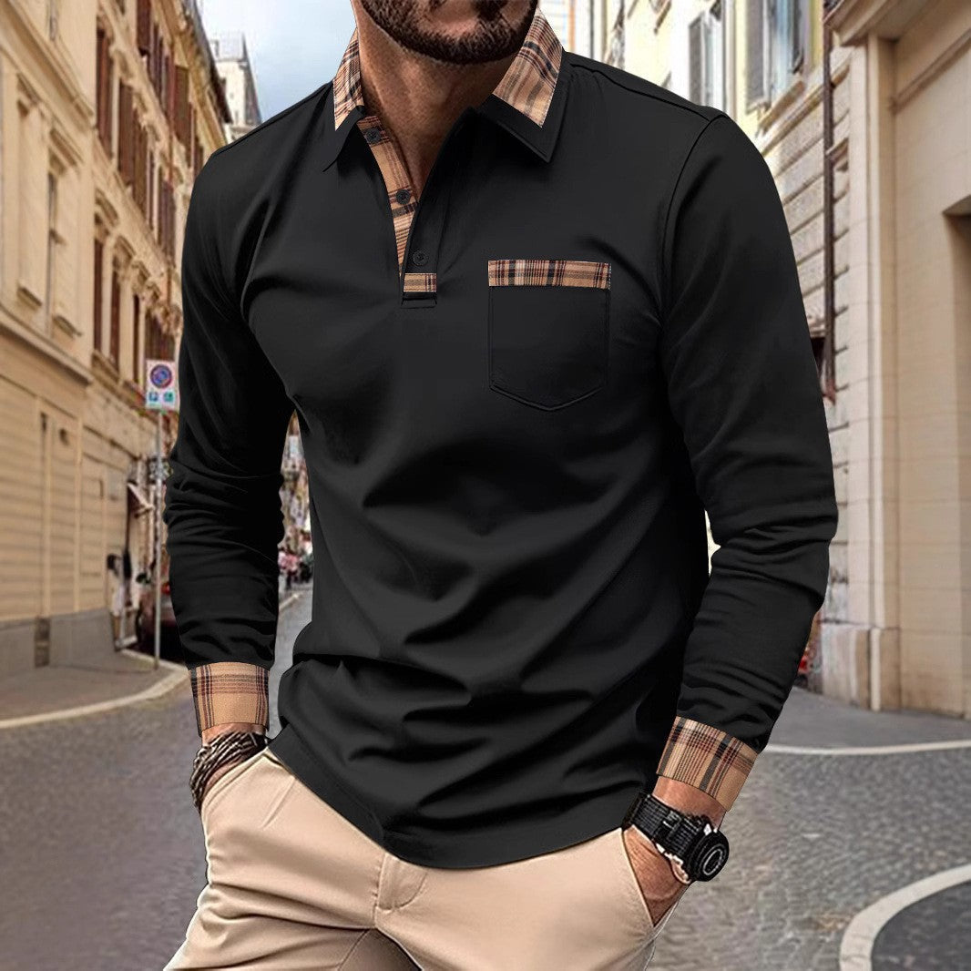 New  men's casual spring and fall fashion plaid lapel long sleeve pocket comfortable party outdoor top polo shirt