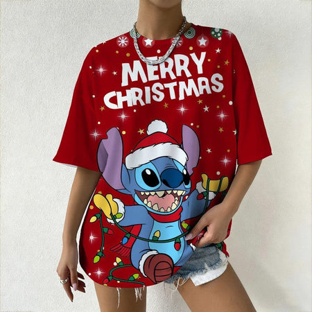 Women's Disney Stitch Christmas Tee Summer Oversized Short Sleeve Top Streetwear Daily Fashion & Trendy Outfits Casual T-Shirt