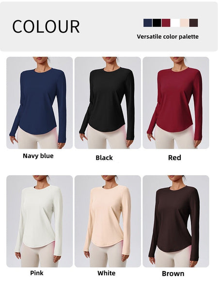 Naked Spring and Autumn Round Neck Fitness Yoga Clothing, Slimming and Slimming Base, Sports Top, Pilates Long Sleeve, Female