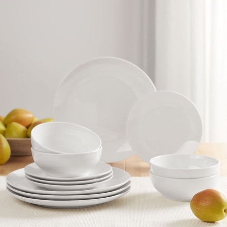 12-Piece White Stoneware Dinnerware Set 4 Dishwasher Microwave Safe Elegant Tableware Bowls Plates Ideal Formal Casual Use
