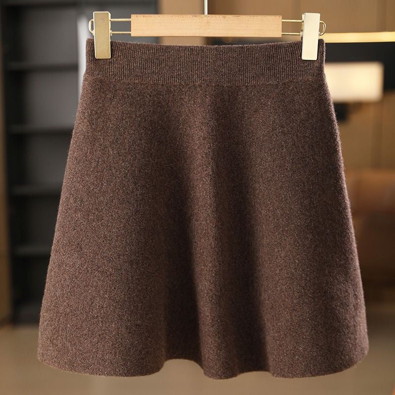 Women’s Wool Skirt Autumn Winter Elastic Waist Mini A-Line Cashmere Skirt Wool Knitted Above Knee Preppy Style Warm Short Skirts