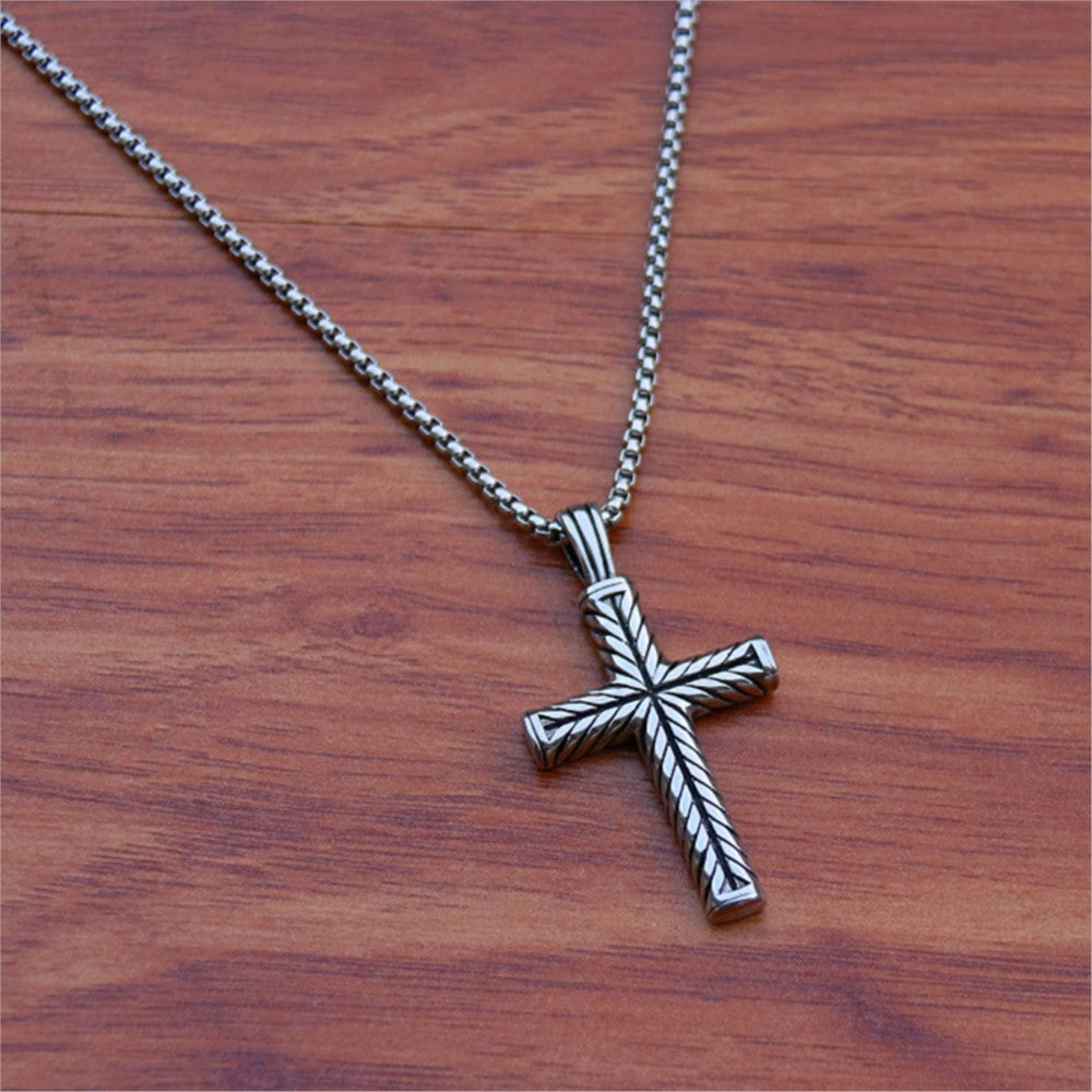 Twisted Pattern Cross Pendant Necklace Retro Simple Stainless Steel Chain Silver Color Hip Hop Jewelry Gifts For Women Men