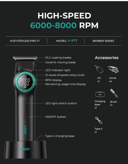VGR 001 977 new hair trimming set high-end men's hair clipper intelligent digital display electric pusher carving and whitening