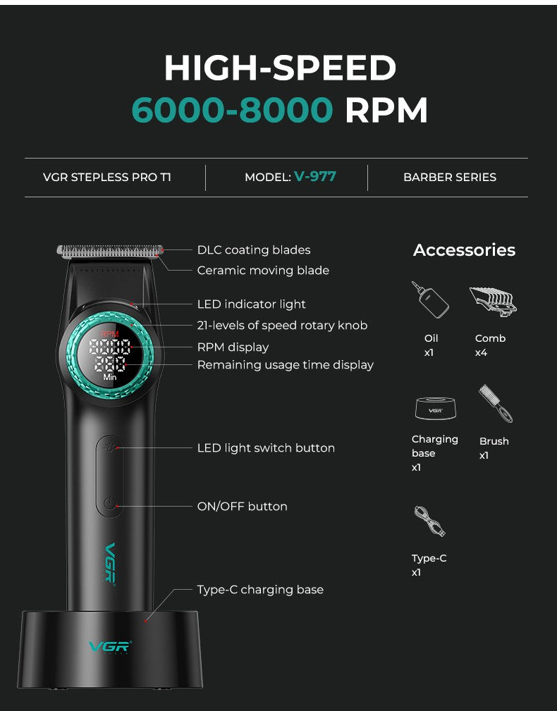 VGR 001 977 new hair trimming set high-end men's hair clipper intelligent digital display electric pusher carving and whitening