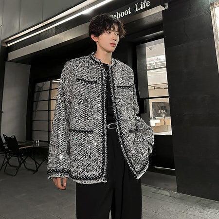Korean Fashion Shiny Sequin Jacket Sliver Round Collar Long Sleeve Jackets Coats Autumn New Ladies Gentleman High Street