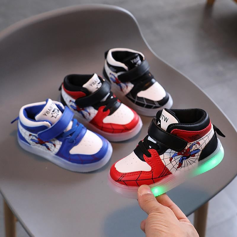 Disney Children's Sneakers Boys Girls Spiderman Led Light Sport Shoes Student Shoes Hook Anti-slip Kids Outdoor Basket Shoes