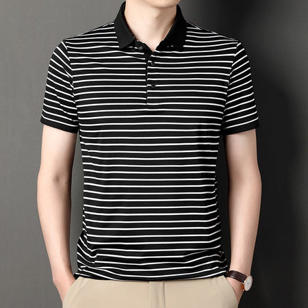 2024 Men's New Striped Cotton Business Casual Short Sleeved POLO Shirt Fashion Short Sleeved Comfortable and Breathable Top