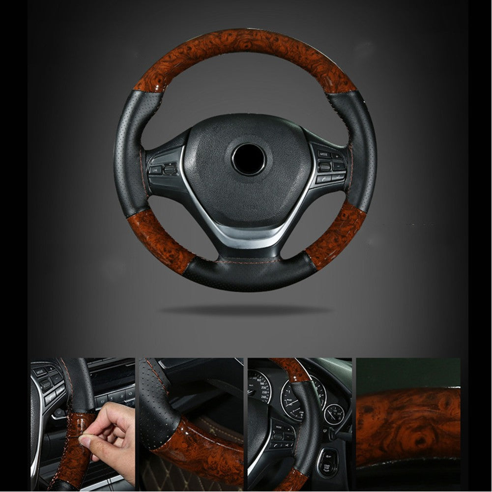 Car Steering Wheel Cover Peach Wood DIY Car Truck Leather Steering Wheel Cover With Thread And Needle Tool Set Car Interior