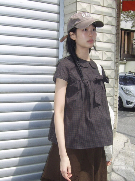 Vintage Plaid Shirts Women Japanese Harajuku Bow Peter Pan Collar Blouses Summer Korean Aesthetic Short Sleeve Casual Tops New