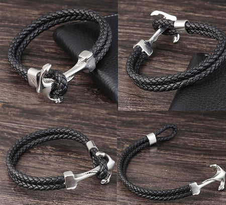 Punk Stainless Steel Anchor Bracelets Genuine Leather Bracelet & Bangles for Men Jewelry Black Color Fashion Gift