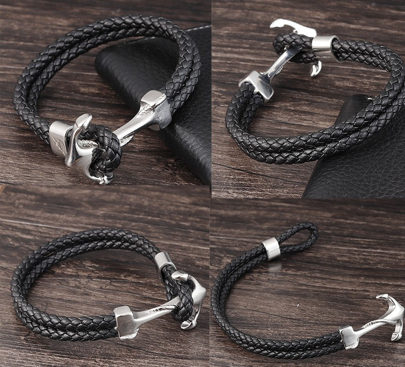 Punk Stainless Steel Anchor Bracelets Genuine Leather Bracelet & Bangles for Men Jewelry Black Color Fashion Gift