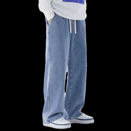 Casual Outdoor Men's Jeans Elastic Waist Loose Fit Long Pants Spring Autumn Workwear Comfortable Straight Leg Blue Denim