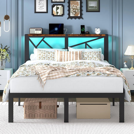Full Size Metal Bed Frame with LED Lights, Storage Headboard with Charging Station, Modern Full Platform Bed with Heavy