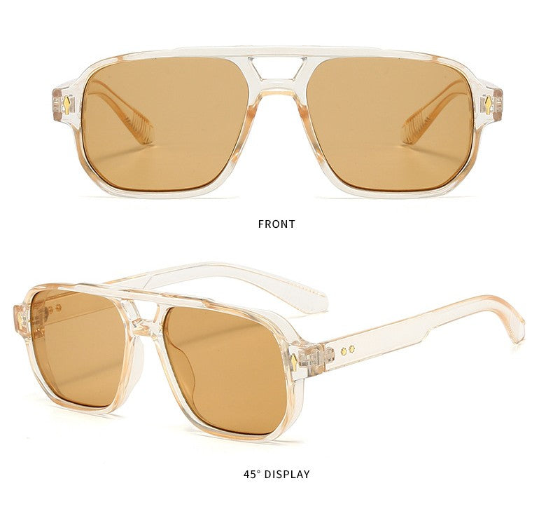 SO&EI Vintage Double Bridges Men Square Sunglasses Fashion Clear Ocean Lens Eyewear Women Trending Rivets Sun Glasses UV400
