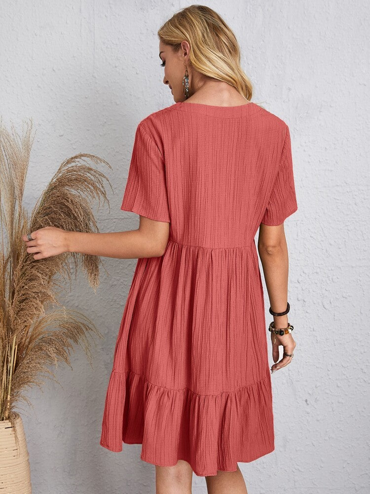 Women Elegant Short Sleeve V Neck Ruffles Dress Summer Casual Solid Loose Mini Dress Chic Bohemian Sundress Beach Party Vestidos
