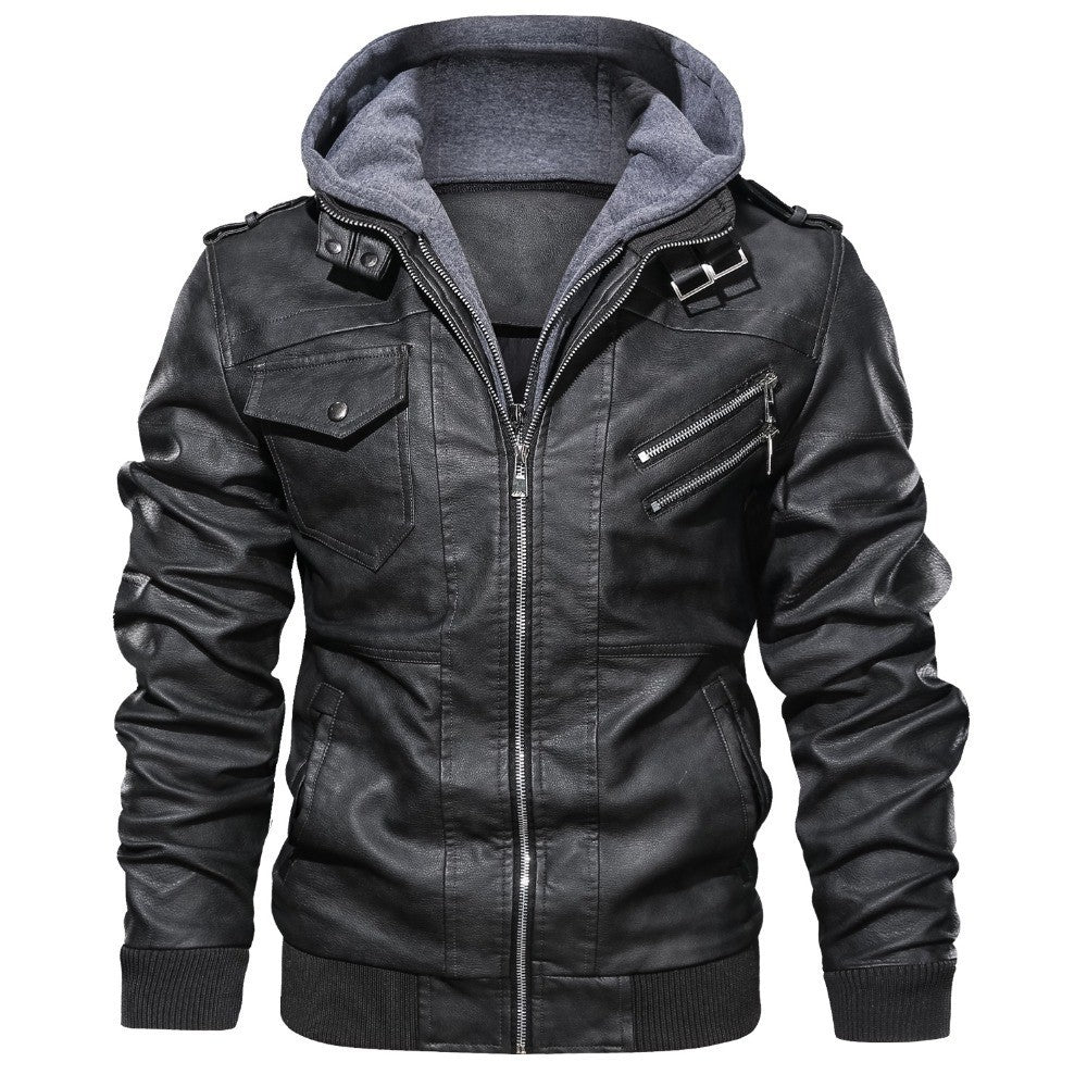 Male PU Hooded Collar Zipper Autumn Casual Slim Windbreaker Chaquetas Motorcycle Leather Jacket Men Winter Fleece Tactics Coat