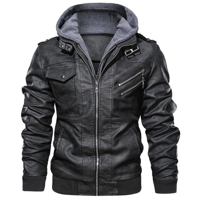 Male PU Hooded Collar Zipper Autumn Casual Slim Windbreaker Chaquetas Motorcycle Leather Jacket Men Winter Fleece Tactics Coat