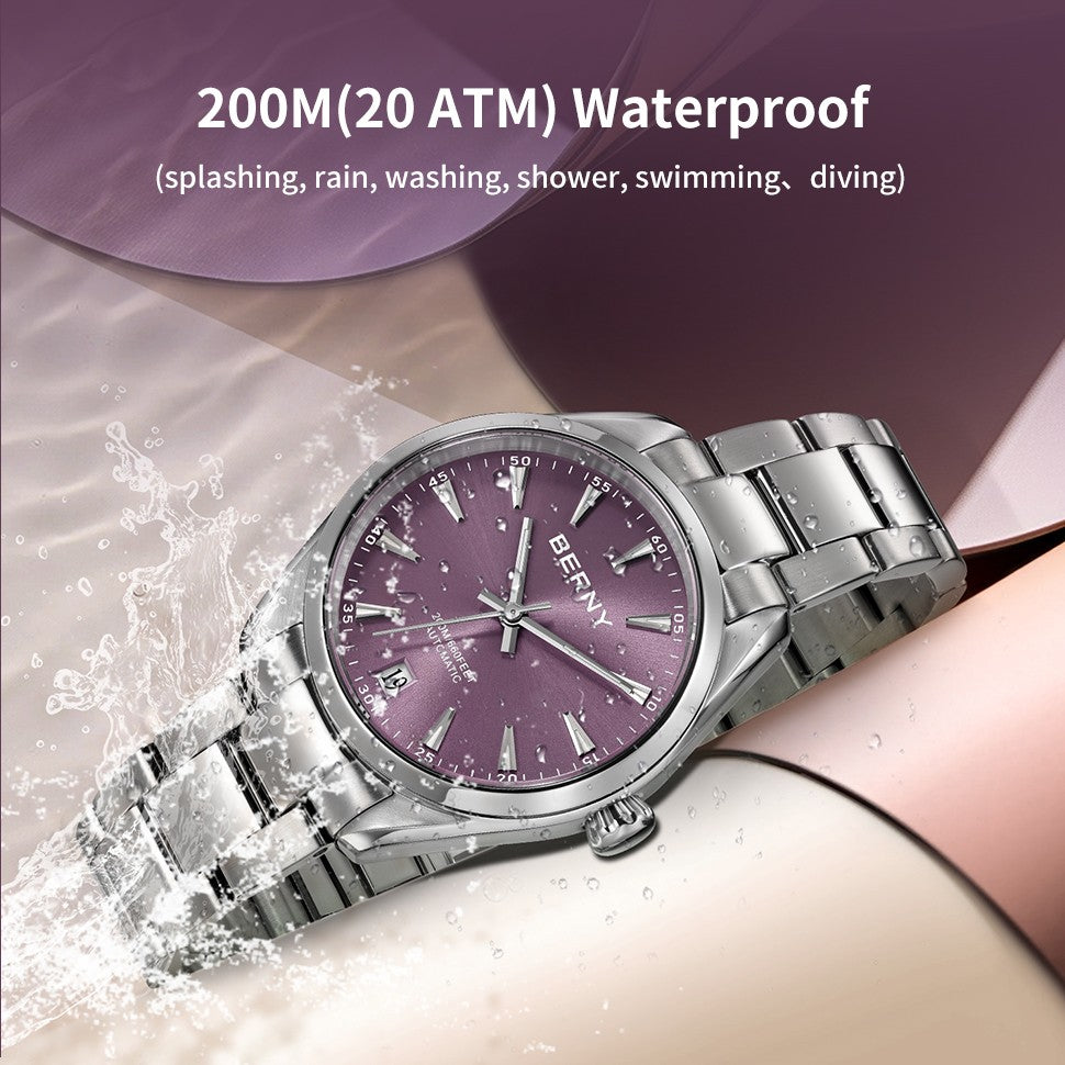 BERNY Automatic Women Watch PT5000 Sapphire Mechanical Elegant Women's Swim Watches 20ATM Full Stainless steel Swim Wristwatch