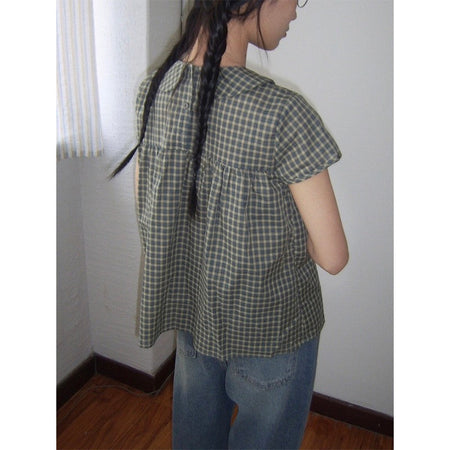 Vintage Plaid Shirts Women Japanese Harajuku Bow Peter Pan Collar Blouses Summer Korean Aesthetic Short Sleeve Casual Tops New
