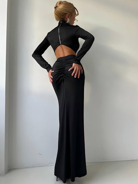 Mozision Turtleneck Backless Sexy Maxi Dress Women Gown Autumn Winter Elegant Long Sleeve Thigh High Split Club Party Long Dress