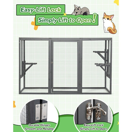 Weatherproof Outdoor Cat Enclosure, Large Wooden Catios with 3 Platforms, Patio Cat Houses for Cats, 71L Enclosed Space