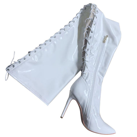 13CM Thin Heel Black Lace-up Over the knee Boots Woman Fetish Pointy Toe Boots Elastic Leather Thigh High Sexy Women Party Shoes