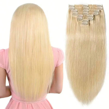 8pcs Clip In Hair Extensions Real Human Hair Clip Ins Human Hair Extension With 18 Clips Double Weft For Women Blonde Color #613